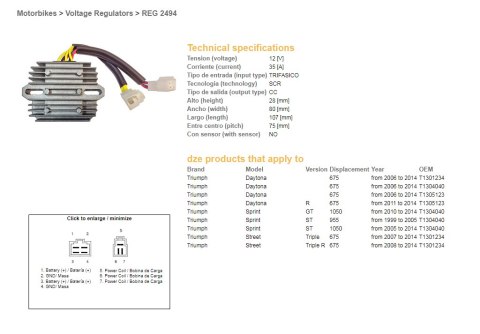 DZE REGULATOR NAPIĘCIA TRIUMPH DAYTONA 675 '06-'14; SPRINT 995/1050 '99-'14; STREET TRIPLE 675 '07-'14 (T1301234, T1304040, T130 DZE ELEKTRYKA