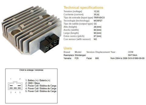 DZE REGULATOR NAPIĘCIA YAMAHA FZ6 '04-'09; FAZER 600 '04-'09 (ESR269) (5VX-81960-00-00) DZE ELEKTRYKA