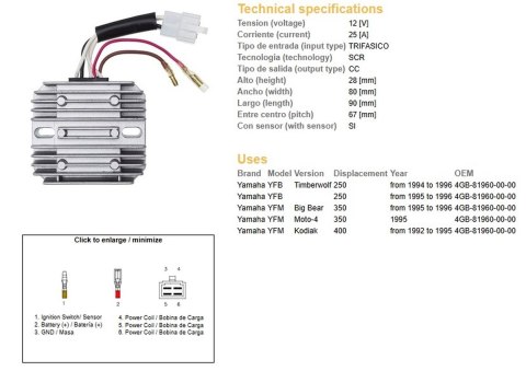 DZE REGULATOR NAPIĘCIA YAMAHA YFB 250 TIMBERWOLF '94-'96; YFM 350 BIG BEAR '95-'96; YFM 400 KODIAK '92-'95 (4GB-81960-00-00) DZE ELEKTRYKA