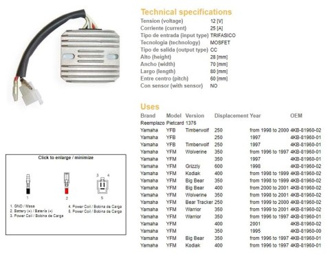 DZE REGULATOR NAPIĘCIA YAMAHA YFM 350 BIG BEAR '96-'99, WARRIOR 350 '96-'01, WOLVERINE 350 '95-'01, YFM 400 KODIAK '98-'99; YFM  DZE ELEKTRYKA