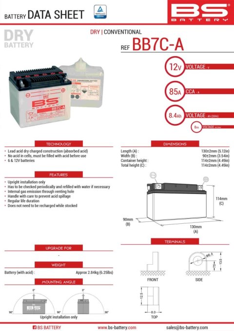 BS AKUMULATOR BB7C-A (YB7C-A) 130X90X114 OBSŁUGOWY - ELEKTROLIT OSOBNO (85A) (6) UE2019/1148 BS BATTERY