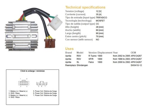 DZE REGULATOR NAPIĘCIA APRILIA RSV 1000R TUONO '02-'05; RSV 1000SP/R '98-'03; SL 1000 FALCO '00-'02 (35A) 7 KABLI (ESR912) DZE ELEKTRYKA