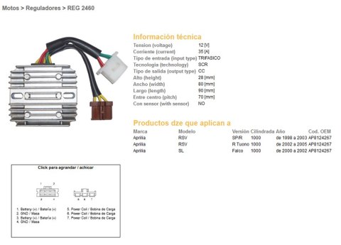 DZE REGULATOR NAPIĘCIA APRILIA RSV 1000R TUONO '02-'05; RSV 1000SP/R '98-'03; SL 1000 FALCO '00-'02 (35A) 7 KABLI (ESR912) DZE ELEKTRYKA