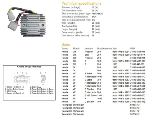 DZE REGULATOR NAPIĘCIA HONDA CH 250 '89-'97; CX 500/650 '82-'83; GL 500/650; VF 700/750/1000/1100 (SH541-12) (ESR650,ESR749,RGU- DZE ELEKTRYKA