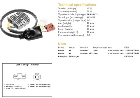 DZE REGULATOR NAPIĘCIA HONDA XL1000V VARADERO '03-'11 (31600-MBT-D21) MOSFET (50A) (FH008AA) DZE ELEKTRYKA