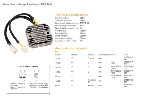 DZE REGULATOR NAPIĘCIA HONDA VT 600C SHADOW '88-'07; NTV 650 REVERE (OEM-31600-MY0-771) (ESR250, RGU-115) DZE ELEKTRYKA