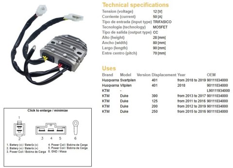 DZE REGULATOR NAPIĘCIA KTM DUKE 125 '11-'16; DUKE 200 '12-'19; DUKE 250 '15-16, DUKE 390 '13-'17; HUSQVARNA 401 '18-'19 (OEM 901 DZE ELEKTRYKA