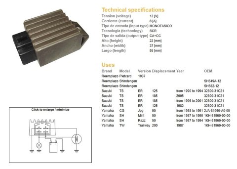 DZE REGULATOR NAPIĘCIA SUZUKI TS 125ER '90-'94; YAMAHA JOG 50 (1KH-81960-00-00; 32800-31C21) (SH582-12; SH649A-12) 12V/18A DZE ELEKTRYKA