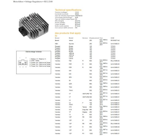 DZE REGULATOR NAPIĘCIA YAMAHA FZ6 '09-'17; FZR 600R '95-'99; SRX 700 '00-'02; TDM 850 '96-'01; TMAX 500 '00-'03; VT 700 VENTURE  DZE ELEKTRYKA
