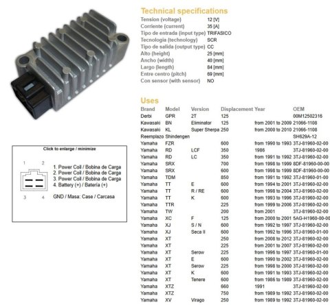 DZE REGULATOR NAPIĘCIA YAMAHA XT 225 SEROW '98-'03; XT 250 '08-'12; XT 600E/K '91-'02; XT 600Z TENERE '86-'89; XTZ 750 SUPER TEN DZE ELEKTRYKA