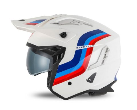 UFO KASK SHERATAN JET / TRIAL Z BLENDĄ PRZECIWSŁONECZNĄ KOLOR BIAŁY NIEBIESKI CZERWONY ROZMIAR XL ( ECE 22R06 ) - KOLEKCJA 2025 UFO