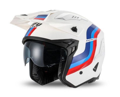UFO KASK SHERATAN JET / TRIAL Z BLENDĄ PRZECIWSŁONECZNĄ KOLOR BIAŁY NIEBIESKI CZERWONY ROZMIAR M ( ECE 22R06 ) - KOLEKCJA 2025 UFO