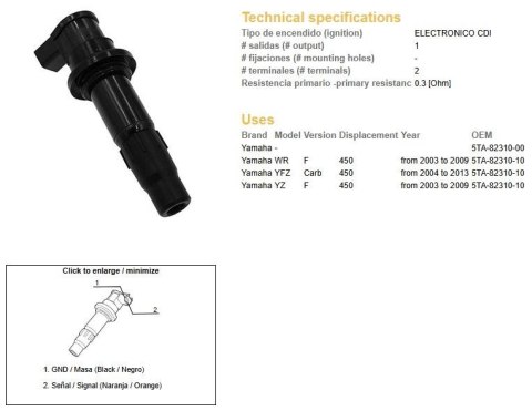 DZE CEWKA ZAPŁONOWA (FAJKOCEWKA) YAMAHA YFZ 450R '04-'13; WR 450F '03-'09; YZ 450F '03-'09 (OEM 5TA-82310-00) DZE ELEKTRYKA