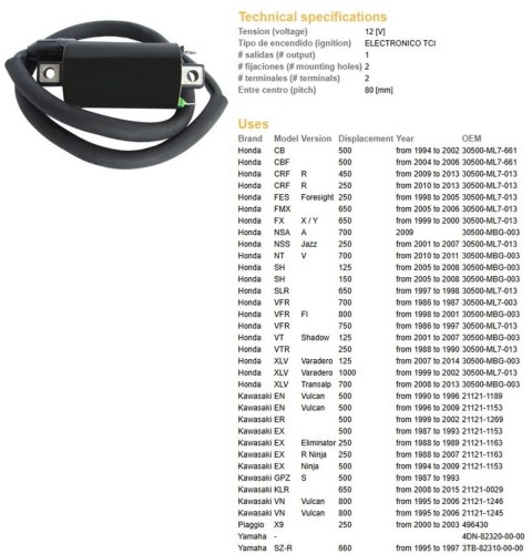 DZE CEWKA ZAPŁONOWA HONDA CB/CBF/FES/NSA/NSS/NT/SH/VFR/XLV; KAWASAKI EN/ER/EX/GPZ/KLR/VN; YAMAHA XT/XV DZE ELEKTRYKA