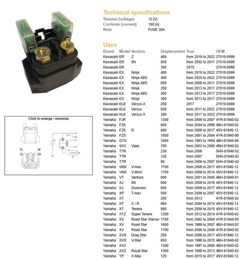 DZE PRZEKAŹNIK ROZRUSZNIKA KAWASAKI ER 300/400/650; EX 250/300/400/650; KLE 250/300/650; YAMAHA TTR 90/125/230; XT 250; XTZ 660; DZE ELEKTRYKA