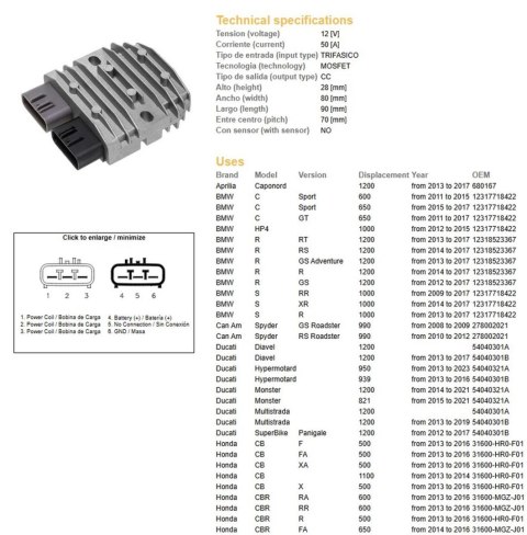 DZE REGULATOR NAPIĘCIA APRILIA; BMW; CAN AM; DUCATI; HONDA; KAWASAKI; SUZUKI; TRIUMPH; YAMAHA (50A) DZE ELEKTRYKA