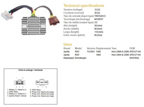 DZE REGULATOR NAPIĘCIA APRILIA RSV 1000 '04-'08; TUONO 1000 '06-'09 (SH579GA) (AP8127144) (ESR549) DZE ELEKTRYKA