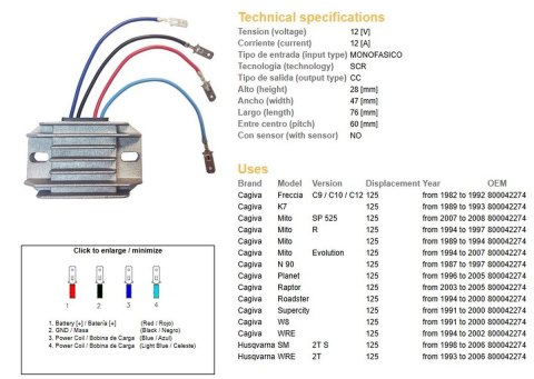 DZE REGULATOR NAPIĘCIA CAGIVA 125 MITO/PLANET/RAPTOR '89-'07; HUSQVARNA WRE 125 '93-'06; SM 125 '93-'06 (OEM-800042274) DZE ELEKTRYKA