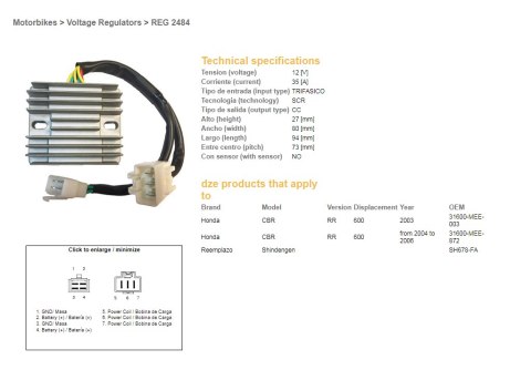 DZE REGULATOR NAPIĘCIA HONDA CBR 600RR '03-'06 (SH678-FA) (31600-MEE-872) DZE ELEKTRYKA