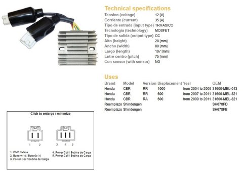 DZE REGULATOR NAPIĘCIA HONDA CBR 600RR '07-'11; CBR 1000RR '04-'05 (31600-MEL-821) (ESR439) (SH678FD; SH678FB) DZE ELEKTRYKA