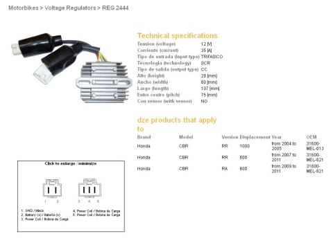 DZE REGULATOR NAPIĘCIA HONDA CBR 600RR '07-'11; CBR 1000RR '04-'05 (31600-MEL-821) (ESR439) (SH678FD; SH678FB) DZE ELEKTRYKA