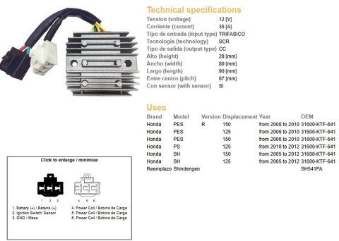 DZE REGULATOR NAPIĘCIA HONDA SH 125/150 '05-'12 (35A) (31600-KTF-641) (SH541PA) (ESR910) DZE ELEKTRYKA