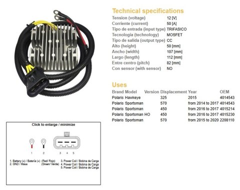 DZE REGULATOR NAPIĘCIA POLARIS SPORTSMAN 450 '16-'17; 570 '14-'20; HAWKAYE 325 '15 (4014543; 4015214; 4015230) (50A_ DZE ELEKTRYKA