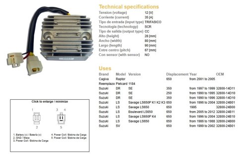 DZE REGULATOR NAPIĘCIA SUZUKI DR 250SE '90-'95; DR 350SE '90-'99; LS 650 SAVAGE '95-'12; SV 650 '99-'02; CAGIVA 650 RAPTOR '01-' DZE ELEKTRYKA