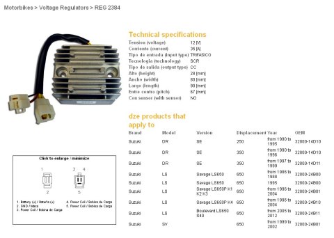 DZE REGULATOR NAPIĘCIA SUZUKI DR 250SE '90-'95; DR 350SE '90-'99; LS 650 SAVAGE '95-'12; SV 650 '99-'02; CAGIVA 650 RAPTOR '01-' DZE ELEKTRYKA