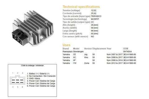 DZE REGULATOR NAPIĘCIA YAMAHA CE 50 JOG '07-'17; XC 50 VINO '08-'14; XF 50 '06-'14; YW 50 ZUMA '12-'17 (3B3-H1960-00) MOFSET (35 DZE ELEKTRYKA