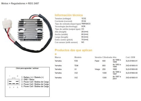 DZE REGULATOR NAPIĘCIA YAMAHA FZS 600 FAZER '98-'99; TDM 850 '93-'96; XVZ 1300 '96-'01 (35A) (ESR360) DZE ELEKTRYKA