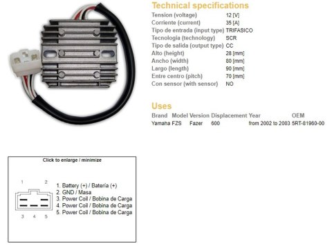 DZE REGULATOR NAPIĘCIA YAMAHA FZS 600 FAZER '98-'99; TDM 850 '93-'96; XVZ 1300 '96-'01 (35A) (ESR360) DZE ELEKTRYKA