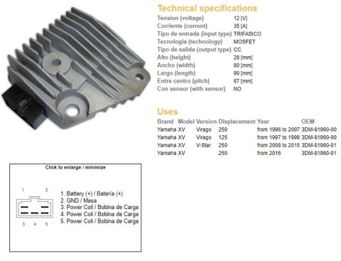 DZE REGULATOR NAPIĘCIA YAMAHA XV 125 VIRAGO '97-'98; XV 250 VIRAGO '96-'07; XV 250 V-STAR '08-'15 (3DM-81960-00) DZE ELEKTRYKA