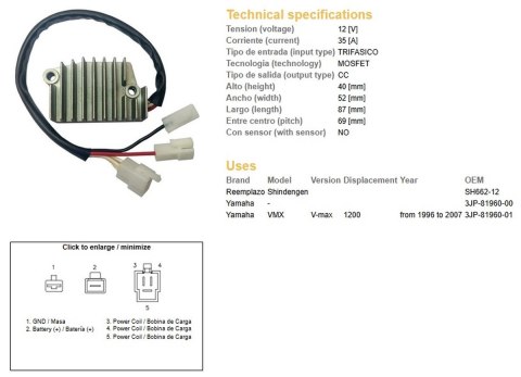 DZE REGULATOR NAPIĘCIA YAMAHA V-MAX 1200 '96-'07 (OEM 3JP-81960-01) MOFSET (35A) DZE ELEKTRYKA
