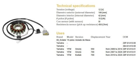 DZE UZWOJENIE ALTERNATORA STATOR YAMAHA YFM 550 GRIZZLY '09-'14; YFM 700 GRIZZLY '07-'20; YFM 700 KODIAK '19-'20 (OEM 28P-81410- DZE ELEKTRYKA