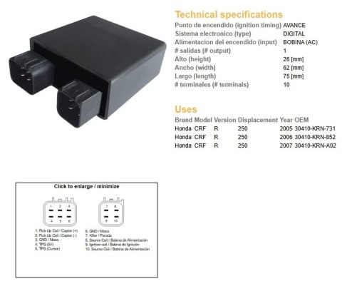 DZE MODUŁ ZAPŁONU CDI HONDA CRF 250R '05-'07 (30410-KRN-731; 30410-KRN-852; 30410-KRN-A02) DZE ELEKTRYKA