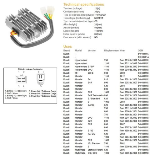DZE REGULATOR NAPIĘCIA DUCATI 600/620/748/750/796/800/900/916/944/992/996/1000/1100 '98-'12 (35A)(54040111C, SH579-B11) (ESR532) DZE ELEKTRYKA