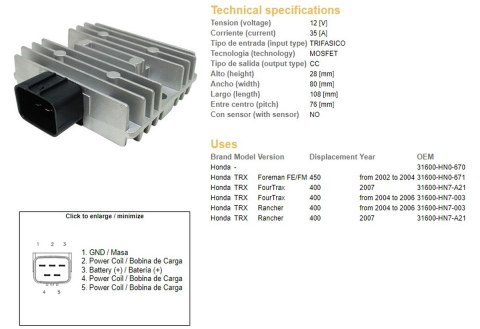 DZE REGULATOR NAPIĘCIA HONDA TRX 400 FOUR TRAX '04-'07; TRX 400 RANCHER '04-'07; TRX 450 FE/FM FOREMAN '02-'04 (35A) (31600-HN7- DZE ELEKTRYKA