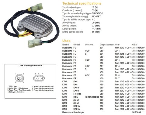 DZE REGULATOR NAPIĘCIA HUSQVARNA FE 250/350/450 '13-'16; KTM EXC-F 250/350 /EXC 450/500 /XCF-W 250/350 /XC-W 450/500 '12-'16 (OE DZE ELEKTRYKA