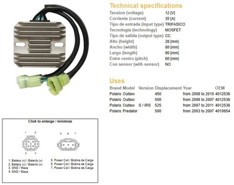 DZE REGULATOR NAPIĘCIA POLARIS PREDATOR 500 '03-'07; OUTLAW 400/500/525 '06-'11 (35A) (OEM-4010654, 4012536) (ESR541) DZE ELEKTRYKA