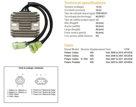 DZE REGULATOR NAPIĘCIA POLARIS PREDATOR 500 '03-'07; OUTLAW 400/500/525 '06-'11 (35A) (OEM-4010654, 4012536) (ESR541) DZE ELEKTRYKA