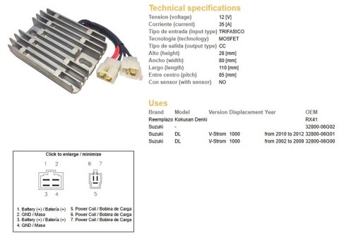 DZE REGULATOR NAPIĘCIA SUZUKI DL 1000 V-STROM '02-'12 (35A) (32800-06G01; 32800-06G00) (ESR539) DZE ELEKTRYKA