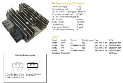 DZE REGULATOR NAPIĘCIA HONDA TRX 420FE/FM/TE/TM '07-'14; MUV 700 '09-'13 (35A) (31600-HP5-601) (SH753AA) (ESR318) DZE ELEKTRYKA