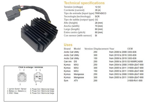 DZE REGULATOR NAPIĘCIA KYMCO MXU 150/250/300 '04-'11; CAN AM DS 250 '06-'15; ARCTIC CAT 150/250/300 '06-'19 (35A) (31600-LBA7-90 DZE ELEKTRYKA