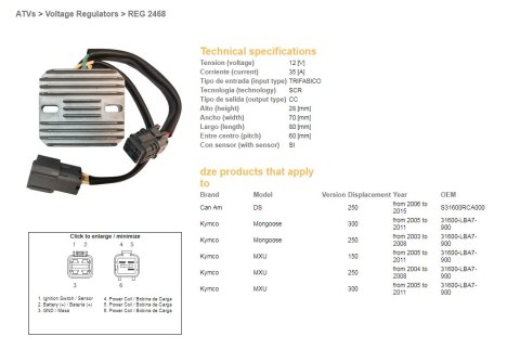 DZE REGULATOR NAPIĘCIA KYMCO MXU 150/250/300 '04-'11; CAN AM DS 250 '06-'15; ARCTIC CAT 150/250/300 '06-'19 (35A) (31600-LBA7-90 DZE ELEKTRYKA