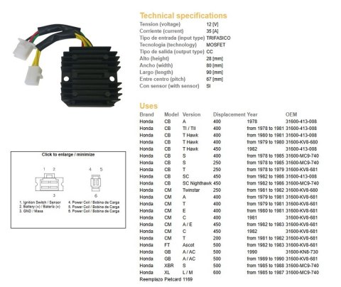 DZE REGULATOR NAPIĘCIA HONDA CB 250/400/450; CX 500; GL500; XL600/LM; XBR 500 (31600-413-008, 31600-MC9-740) (35A) (ESR180) DZE ELEKTRYKA
