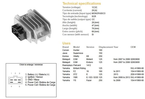 DZE REGULATOR NAPIĘCIA YAMAHA YBR 125 '06-'13 (20A) (5VL-H1960-00) DZE ELEKTRYKA