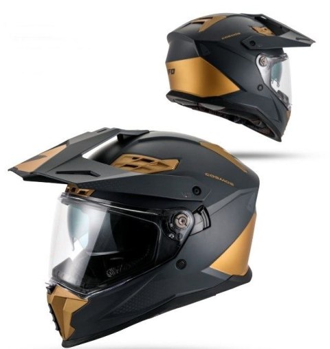 UFO 2026/01 KASK COSMOS OFFROAD / DUAL / TOURER / CROSSOVER Z SZYBĄ, DASZKIEM I BLENDĄ PRZECIWSŁONECZNĄ KOLOR CZARNY/ZŁOTY ROZMI UFO