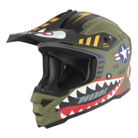 NOX KASK CROSS / OFFROAD N761 FIGHTER KID / JUNIOR (DZIECIĘCY) KOLOR ZIELONY (KHAKI) MAT/BIAŁY/CZARNY ROZMIAR M (ZAPIĘCIE MIKROM NOX