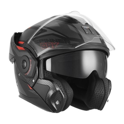NOX PREMIUM KASK SZCZĘKOWY FLIP-BACK (SZCZĘKA DO TYŁU) Z BLENDĄ SPINNER ARK KOLOR CZARNY MAT/CZERWONY ROZMIAR S NOX